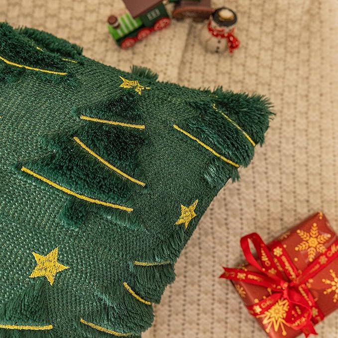 AQOTHES Christmas Tree Decorative Green Throw Pillow Covers 24x24 Set of 2, Faux Fur Farmhouse Throw Pillows Cushion Cases for Xmas Winter Holiday Home Decor
