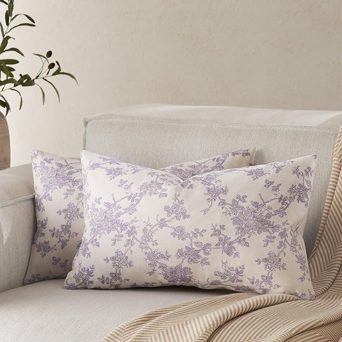 100% Cotton French Pastoral Lumbar Throw Pillow Covers Set of 2, 12x20 Inch Purple Farmhouse Decorative Cushion Covers for Sofa Bed Living Room Home Decor