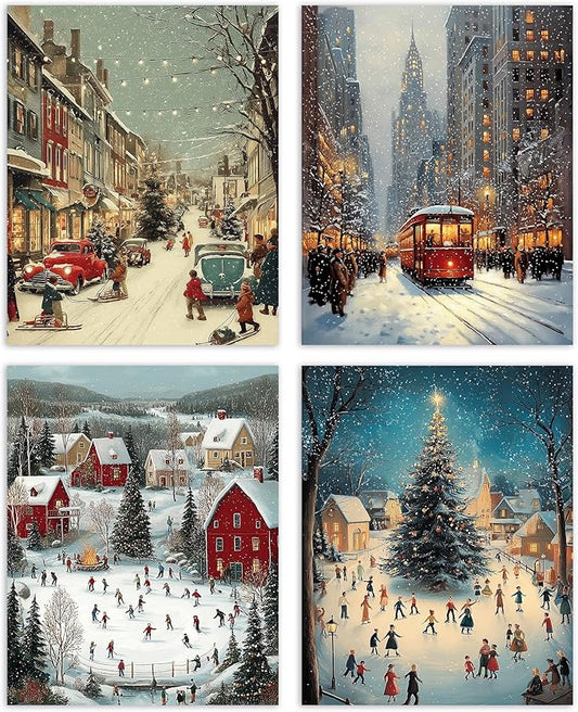 AEHIE Vintage Christmas Ice Skating Winter Village Wall Art Poster Prints for Home Living Room, Xmas Winter Snow Scene Street Poster Prints, Vintage Christmas Holidaye Wall Art Unframed 4pcs 8x10inch