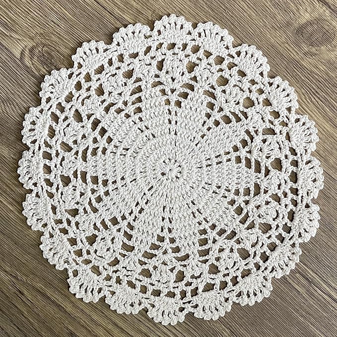 PHANTOMON Crochet Doilies Handmade Round Cotton Lace Table Placemats Knitted Tablecloth, Star Pattern Rippled Edge, Pack of 4 (10 Inch, Beige)