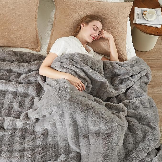 Cozy Bliss Fluffy Faux Fur Blanket Queen Size for Bed, Fuzzy Soft Striped Plush Blanket, Thick Throw for Bedroom Couch Gift, 90x90 Inches Grey