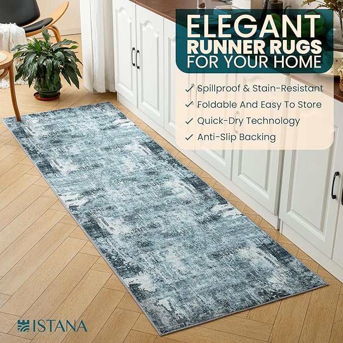 Istana Hallway Runner Rug 2.5x8 - Blue Kitchen Rugs Non Slip Washable -Silk's Soft Touch Carpet Runner - Stylish Runner Rugs for Home