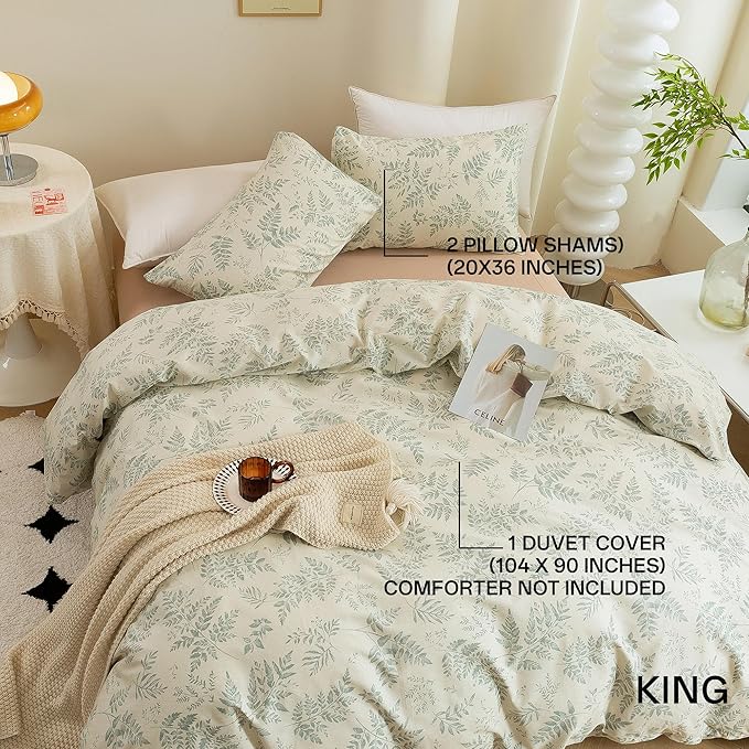 ECOCOTT 3 Pieces Duvet Cover Set with Vintage Green Leaves Pattern 100% Natural Cotton, Ultra Soft and Easy Care Breathable Cozy Simple Style Bedding Set (King Size)