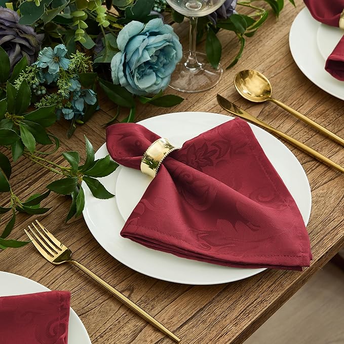 Newbridge Barcelona Damask Fabric Napkins, Set of 4, Burgundy – No Iron, Soil Resistant Cloth Napkins for Dining, Parties and Holidays