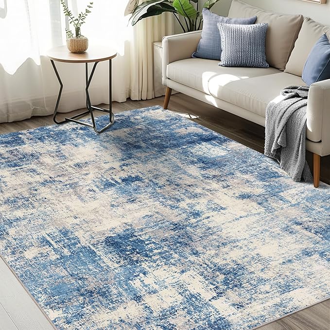 5x7 Modern Abstract Rug Washable Area Rugs for Living Room Bedroom Dining Room Non-Slip Low Pile Neutral Large Rug Soft Indoor Floor Carpet, Blue