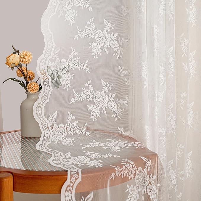 MEETSKY Sheer Lace Curtains 90 Inches Long for Living Room Dining Room Back Tab Rod Pocket Vintage Victorian French Elegant Light Filtering Boho Style Home Decor, 50" Wide Each Panel, 2 Panels, White