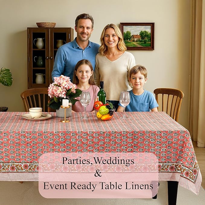 CPC Tablecloth 100% Cotton 72x140 Inch Indian Block Print Rectangle Table Cover, Washable Table Cloth for Weddings, Spring/Summer, Barbeque - Poppy Pink
