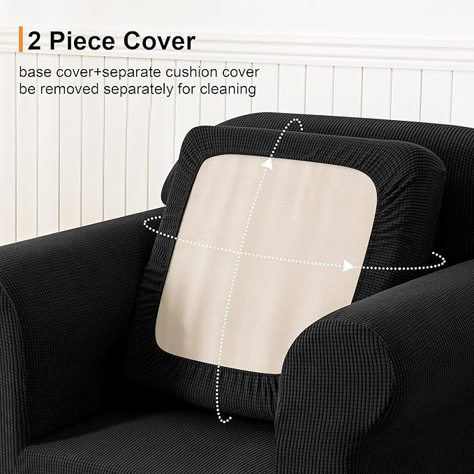 SUBRTEX Stretch Armchair Sofa Slipcover 2 Piece Sofa Cover 1 Seater Soft Couch Slipcover Washable Furniture Covers, Jacquard Fabric Armchair Checks(Black,Armchair)