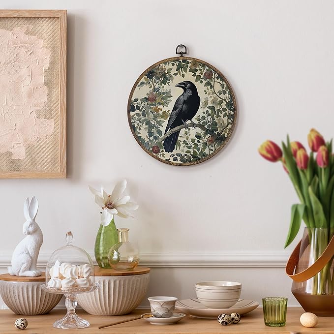 KFXHANGD Gothic Black Raven Crow Round Wall Art Framed, Vintage Dark Academia Raven Botanical Canvas Wall Art Decor, Moody Crow Hanging Decor for Bedroom Living Room, 10x10inch