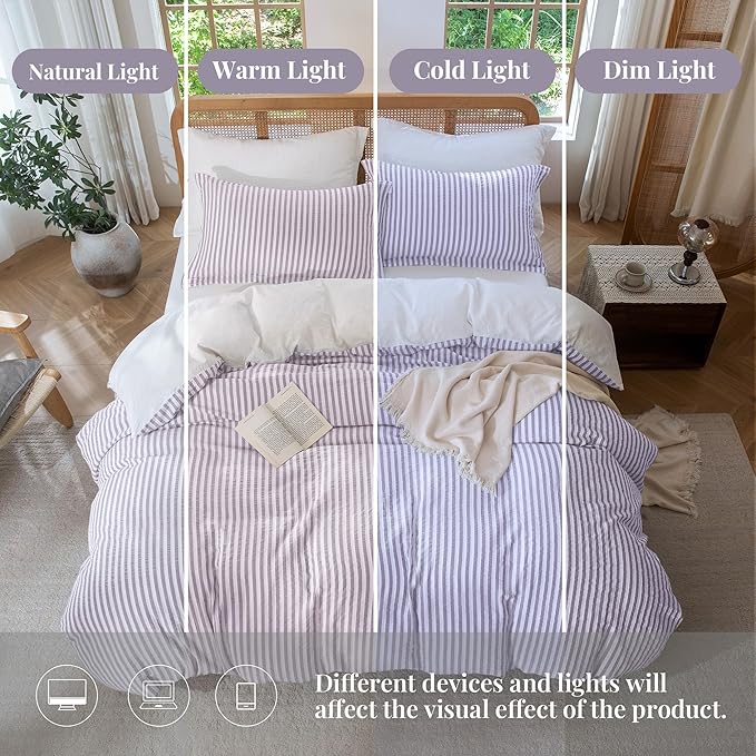 MILDLY Purple Striped Duvet Cover - 100% Washed Cotton Jacquard Boho Textured Comforter Cover 2pcs with Corner Ties Zipper Closure 68"x90"