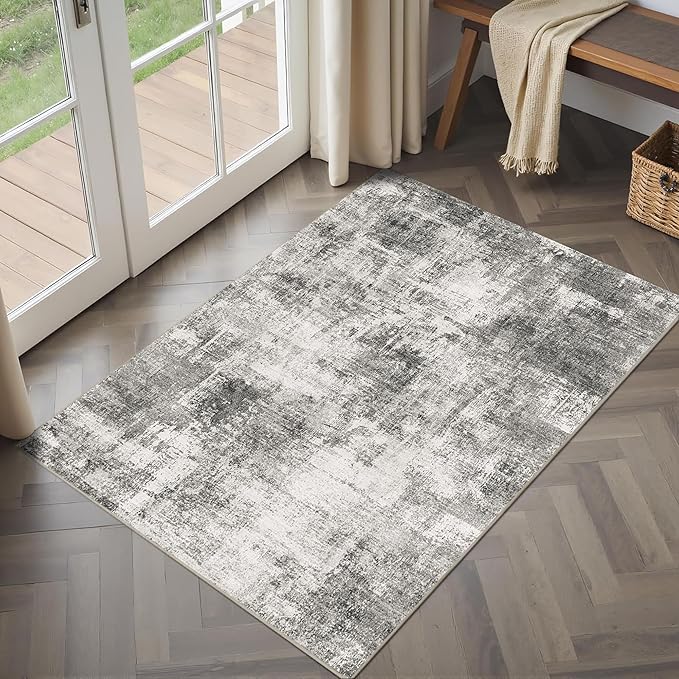 2x3 Modern Abstract Rug Washable Area Rugs for Living Room Bedroom Dining Room Non-Slip Low Pile Neutral Large Rug Soft Indoor Floor Carpet, Gray