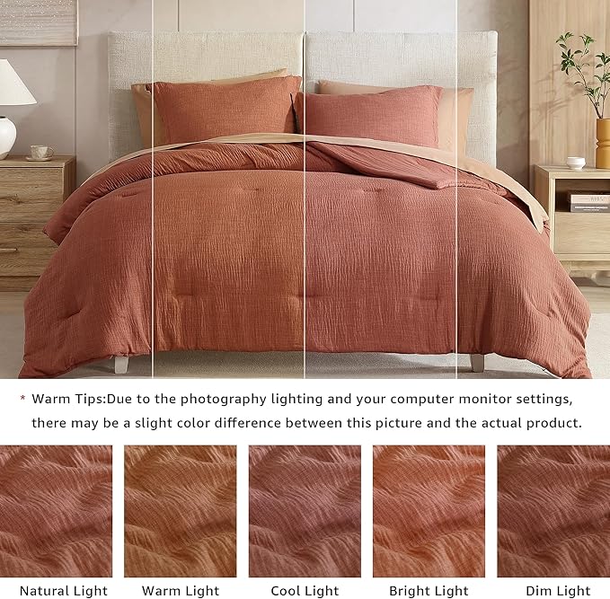 Geniospin Queen Size Comforter Set- 7 Pieces Terracotta Textured King Bedding Set, Soft Solid Bed in a Bag for All Seasons, Fall Comforter Set with Sheets