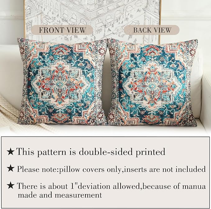 Boho Throw Pillow Covers 16x16 inch Set of 2,Boho Vintage Carpet Pattern Antique Ethnic Decor Double Sided Pattern Cushion Cover Soft Pillow Case Living Sofa Room Bed Square Pillow Cover