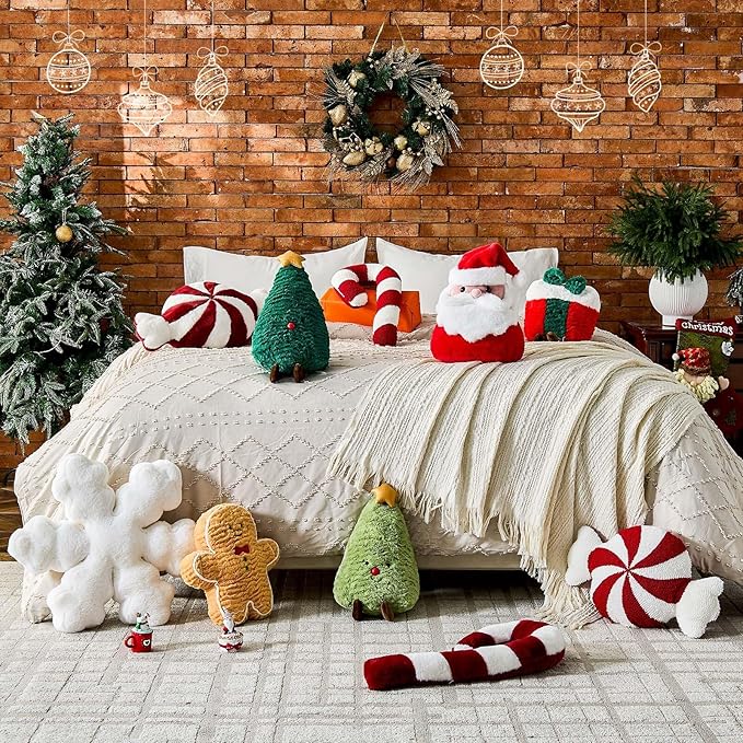 Uvvyui Christmas Tree Pillows Christmas Pillows Tree Shaped Throw Pillows Aesthetic Winter Xmas Plush Decorations Pillow Gingerbread Candy Pillow for Xmas Decor