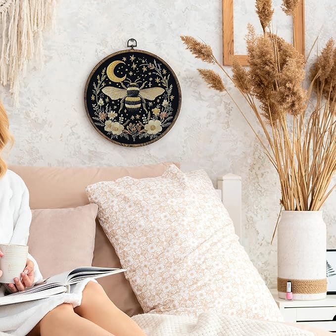 KFXHANGD Celestial Bee Floral Round Wall Art Framed, Gothic Bee Moon Canvas Wall Art Decor, Witchy Bumble Bee Botanical Hanging Decor for Bedroom Living Room, 10x10inch