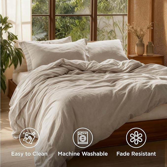Bedsure 100% Washed Cotton Duvet Cover Cal King - Oatmeal Minimalist Cotton Duvet Cover Linen Like for All Seasons - GentleSoft™ Plain Simple Bedding (Oatmeal, California King, 104"x98")