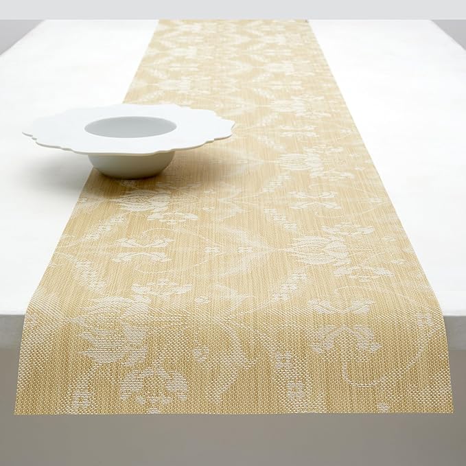 Martha by Martha Stewart | Chilewich Damask Table Runner in Wheat - Easy Care Woven Textile - Indoor/Outdoor - Stain/Fade Resistant - 14" x 72"