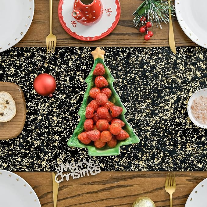 Artoid Mode Black Dutch Fleece Table Runner, Glitter Metallic Foil Holiday Kitchen Dining Table Decoration for Home Party Decor 13x48 Inch