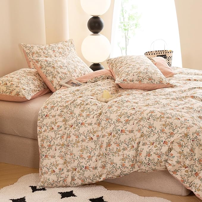 ECOCOTT Reversible Floral Duvet Cover King Size – 3 Piece 100% Washed Cotton Bedding Set, Soft Breathable Comforter Cover with Zipper Closure & Corner Ties