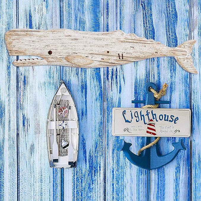 Linfevisi Rustic Nautical Decor Wooden Whale Hanging Wall Decor Wood Whale Decorations Beach Art Ornament Whale Sea Theme Home Decoration Wood Sculpture Whale 29.5" L