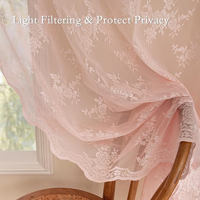 MEETSKY Pink Lace Curtains 96 Inch Length Set of 2 Vintage Victorian French Pretty Elegant for Girls Room Light Filtering Privacy Protect Back Tab Rod Pocket Sheer Drapes, 50"W Each Panel, Light Pink