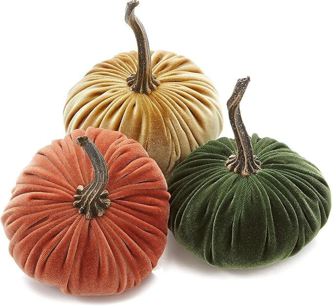 Your Heart's Content Set of 3 Small Velvet Pumpkins, Trending Home Decor, Modern Rustic Wedding Decor, Thanksgiving, Autumn tablescape, Gift for (Sm Harvest Gold Olive)