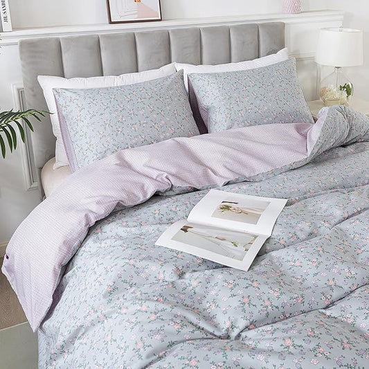 HoneiLife Floral Duvet Cover Queen - 100% Cotton Comforter Cover, Botanical Bedlinen Set with Zipper Closure & Corner Ties, 3-PC Wildflower Comforter Cover Sets