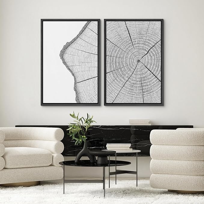SIGNWIN Framed Canvas Print Wall Art Set Wood Grain Cross Section Minimalist Tree Ring Line Zen Bohemian for Living Room, Bedroom, Office - 24"x36"x2 BLACK