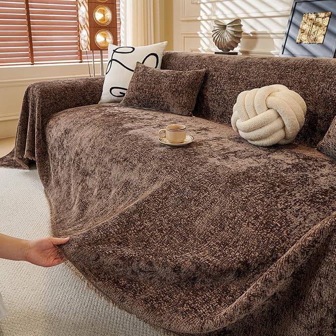 ROOMLIFE Brown Sofa Cover, Vintage Boho Couch Cover for 3 Cushion Sofa, Soft Chenille Sofa Cover for Dog, Washable Furniture Sofa Protector Cover Blanket with Tassel for Living Room, 71 '' X 150''