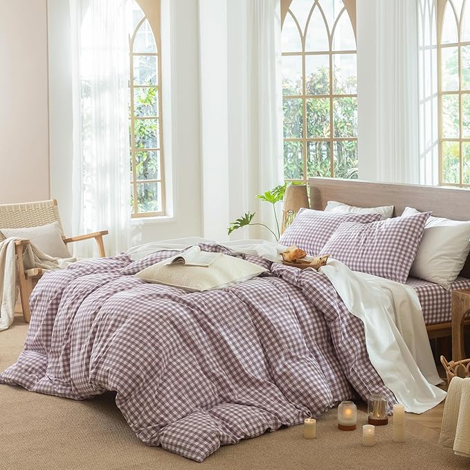 MooMee Gingham Duvet Cover Set 100% Washed Cotton Linen Like Textured Breathable Durable Soft Comfy Modern Checkered Design (Buffalo Plaid Tannish Linen Grey, Queen 90"x90")