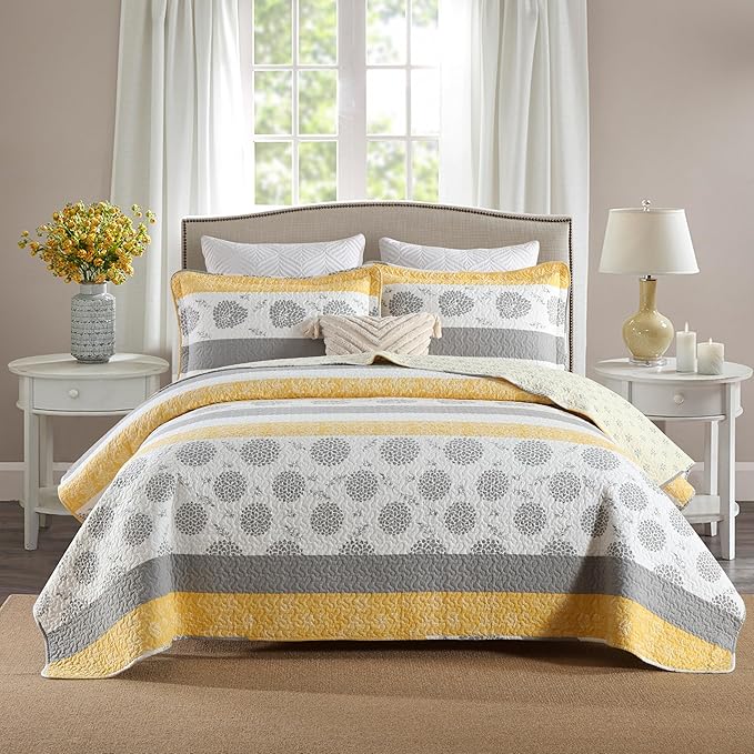 Homzard Quilt King Size-Comforter King Quilt Bedding Set,Yellow Gray White All Cotton Quilted Bedspread,Striped Floral Pattern Comforter Set,Lightweight Paisley 3 Piece,All Seasons