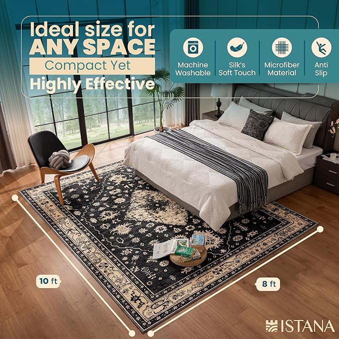 Istana 8x10 Area Rug - Black 8x10 Rugs for Living Room - Foldable Rugs for Bedroom - Stain Resistant Washable Rug - Eco-Friendly Area Rugs - Easy to Clean Living Room Rug