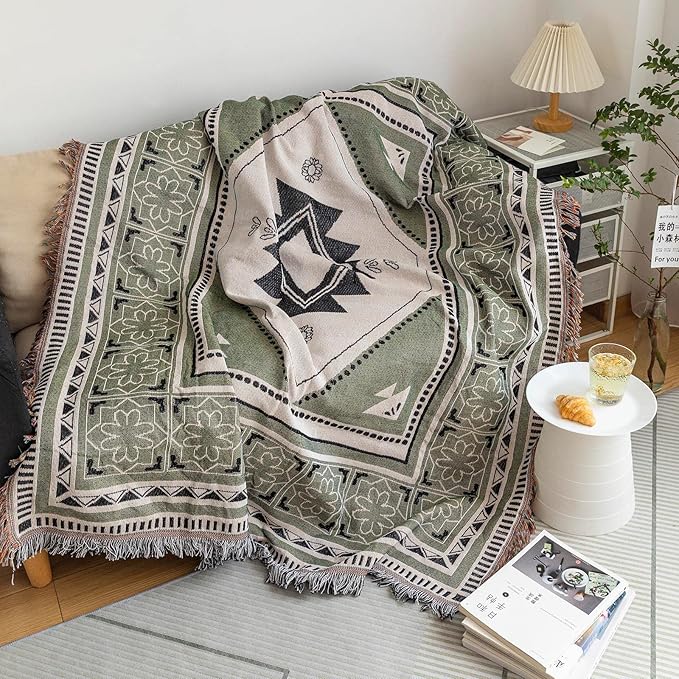 VClife Boho Sofa Cover XXL Couch Cover for 3-4 Cushion Couch Sofa Sage Green Geometry Loveseat Cover for Dog Cotton Linen Furniture Protector Cover with Tassel Non-slip Sectional Sofa Slipcover 71X150