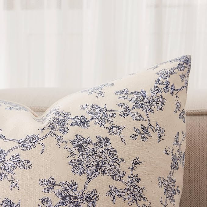 100% Cotton French Pastoral Throw Pillow Covers Set of 2, 22x22 Inch Blue Farmhouse Decorative Cushion Covers for Sofa Bed Living Room Home Decor