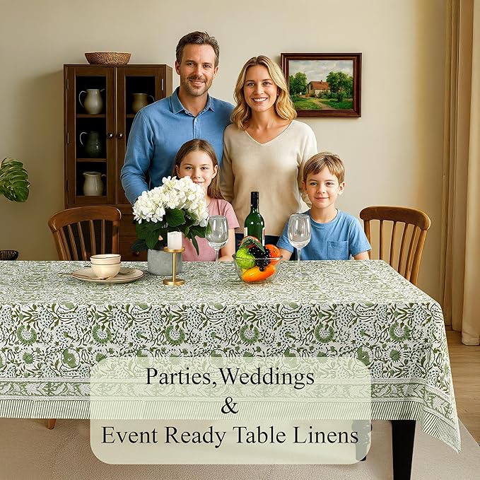CPC Cotton Tablecloth 80x120 Inch Rectangle Indian Block Print Tablecloth- Green Washable Wedding Table Cover for Thanksgiving/Christmas- Agate Green