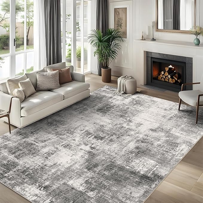 9x12 Modern Abstract Rug Washable Area Rugs for Living Room Bedroom Dining Room Non-Slip Low Pile Neutral Large Rug Soft Indoor Floor Carpet, Gray