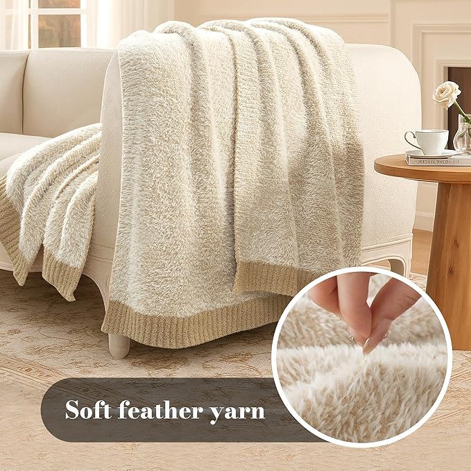 Amélie Home Knit Throw Blanket for Couch, Super Soft Fuzzy Blanket for Sofa, Luxury Cozy Fluffy Throw for Room Decor, 50" x 60", Heather Beige