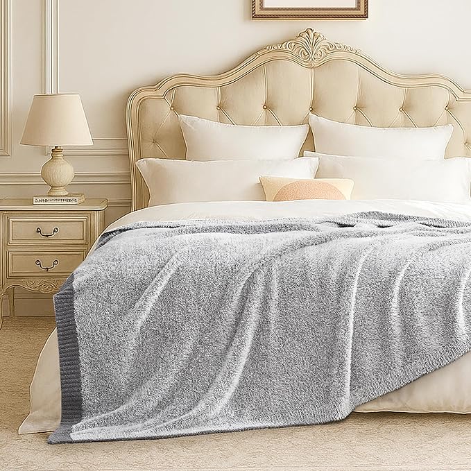 Amélie Home Knit Throw Blanket for Couch, Super Soft Cozy Fuzzy Throws for Sofa Bed Living Room, Luxury Cozy Fluffy Throw for Room Decor, 60" x 80", Heather Grey