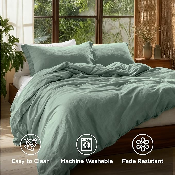 Bedsure 100% Washed Cotton Duvet Cover Queen Size - Iceberg Green Minimalist Cotton Duvet Cover Linen Like for All Seasons - GentleSoft™ Plain Simple Bedding (Iceberg Green, Queen, 90"x90")