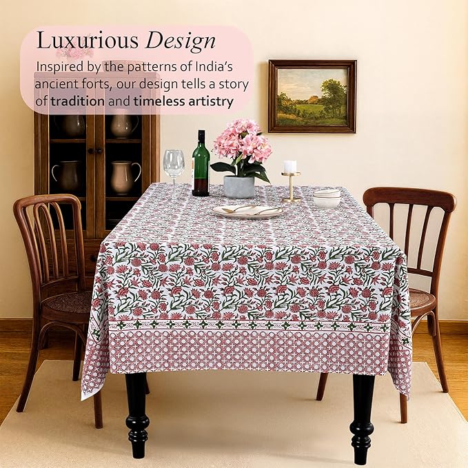 CPC Tablecloth 100% Cotton 72x140 Inch Indian Block Print Rectangle Table Cover, Red Table Cloth for Weddings, Spring/Summer, Barbeque - Red Garnet