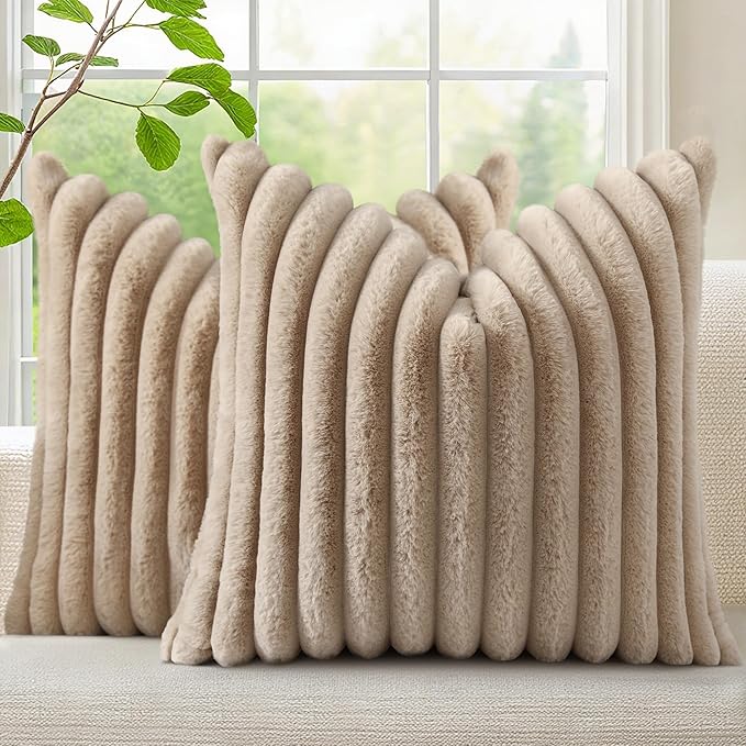 decorUhome Faux Fur Christmas Throw Pillow Covers 24x24 Set of 2, Decorative Soft Plush Striped Neutral Couch Euro Pillow Covers with Velvet Back for Sofa, Bed, Living Room Home Decor, Khaki Brown
