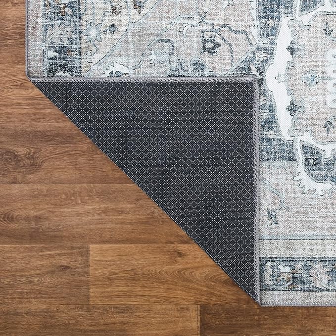 Bloom Rugs Washable Non-Slip 3' x 5' Rug - Pebble Gray/Blue Traditional Medallion Area Rug for Living Room, Bedroom, Dining Room, and Kitchen - Exact Size: 3' x 5'