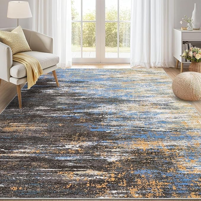 Modern Abstract Living Room Rug 8x10, Washable Area Rugs for Bedroom, Stain Resistant Non Slip Large Rug, Soft Indoor Carpet for Dining Room Table Home Decor, Blue/Brown