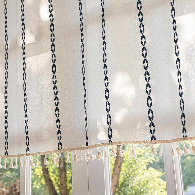 Sutuo Home Boho Valance Curtain 36 inches Tier for Cafe Closet, Short Farmhouse Vintage Tassels Window Treatment Bohemian Embroidery Drape, Rod Pocket 1 Panel 52" W x 36" L, White and Navy Blue