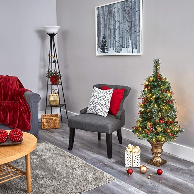 Nearly Natural 4ft. Pine, Pinecone and Berries Artificial Christmas Tree with 100 Clear LED Lights in Decorative Urn