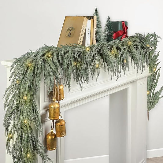 Fovths 1 Pack 6 Feet Christmas Norfolk Garlands Set Artificial Faux Greenery Garland 4 Cow Bell with Jute Hanging Rope Light String Winter Pine Garland for Xmas Indoor Holiday Decor, Green+White
