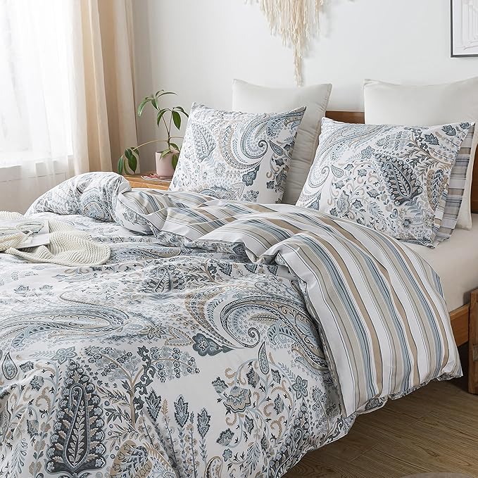 HoneiLife Cotton Duvet Cover Queen - 3pcs Paisley Comforter Cover, Soft & Breathable Floral Bedding Duvet Cover Sets with Zipper Closure & Corner Ties, Wildflower Comforter Cover Sets All Season Use