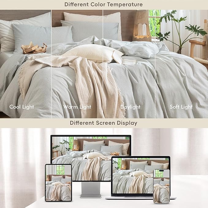 MooMee Striped Duvet Cover Set 100% Washed Cotton Linen Like Textured Breathable Durable Soft Comfy (Heathered Green Pinstripes, Super King Plus 120"x120")