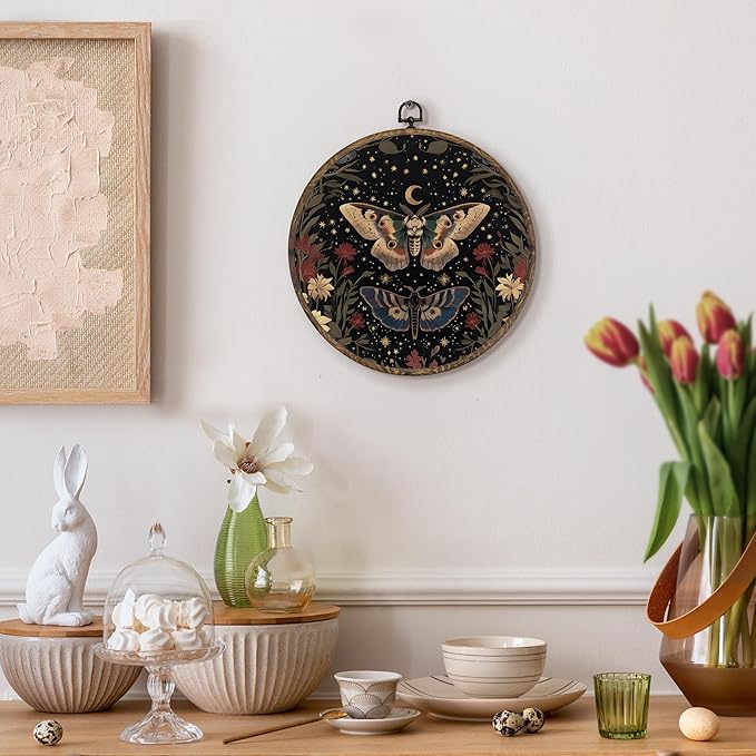 KFXHANGD Witchy Butterfly Moth Round Wall Art Framed, Gothic Wall Art, Boho Vintage Butterfly Canvas Wall Art Decor, Gothic Lunar Moth Hanging Wall Decor for Bedroom Living Room, 10x10inch