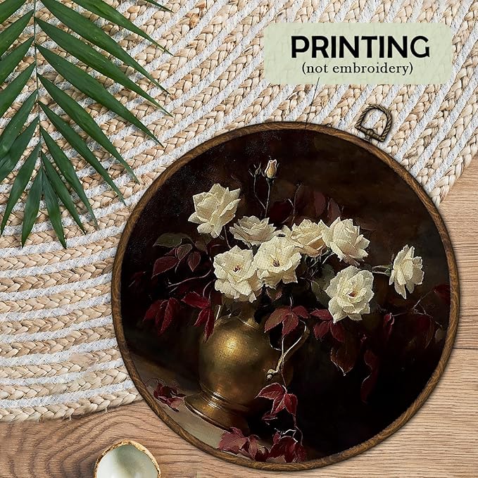 cvjutf Retro Moody Floral Wall Art Decor Framed, Vintage Dark Cottagecore Rose Round Wall Decor, Rustic Dark Academia Flower Vase Canvas Prints Art for Gallery Bedroom Living Room Kitchen, 10x10 Inch